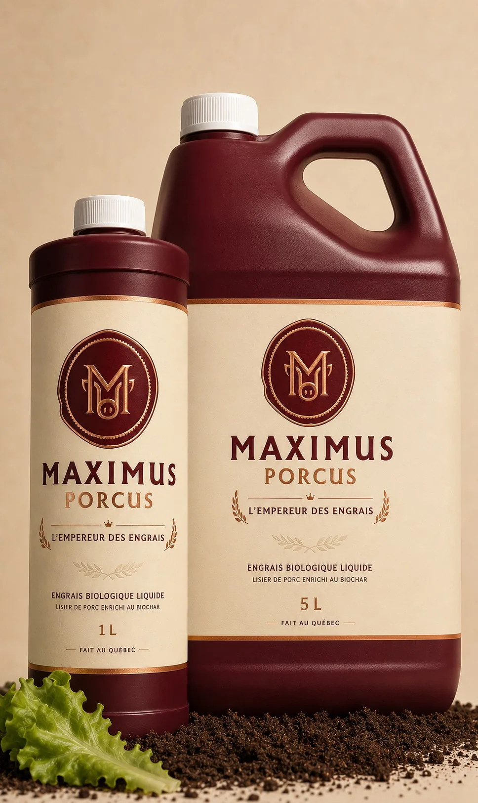 Bouteilles Maximus Porcus 1 L et 5 L posées sur la terre, étiquette crème et bourgogne